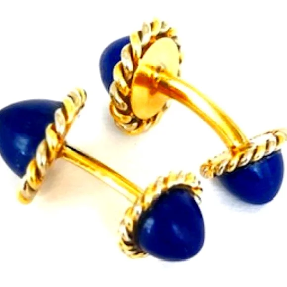 18K Lapis Lazuli Domed Cufflinks Braided Edges - Picture 1 of 3